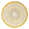 Designer rug-inspired plate with yellow sunburst lines, mimicking luxury handmade rugs.