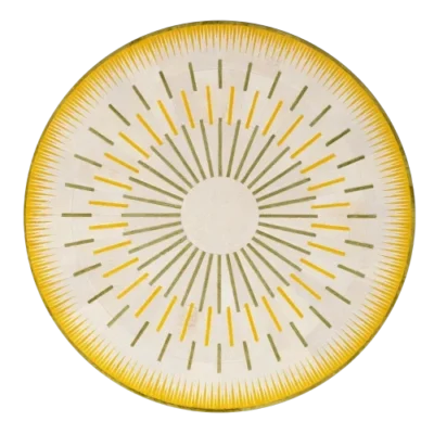 Designer rug-inspired plate with yellow sunburst lines, mimicking luxury handmade rugs.