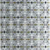 Luxury designer rug with geometric diamonds and abstract motifs in gray, black, white, and olive green.
