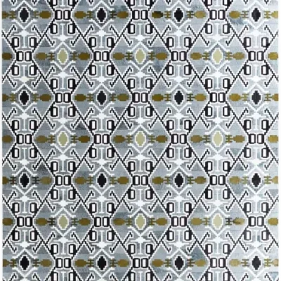 Luxury designer rug with geometric diamonds and abstract motifs in gray, black, white, and olive green.