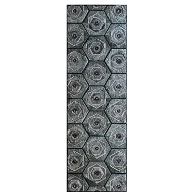 A tall, narrow designer rug panel with a hexagonal grid pattern and luxe metallic accents.