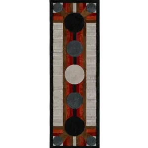 Atlas Hide 15902, a luxury designer rug, showcases six grayscale circles and bold geometric patterns in premium handmade hide.