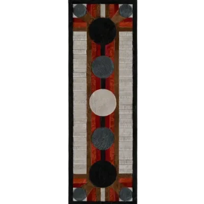 Atlas Hide 15902, a luxury designer rug, showcases six grayscale circles and bold geometric patterns in premium handmade hide.