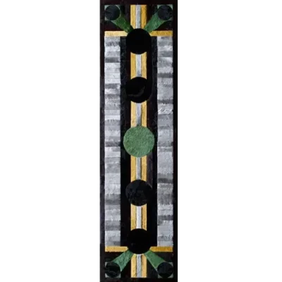 Atlas Hide 26889 designer rug features geometric green, black, and yellow patterns on a luxury custom hide rug.