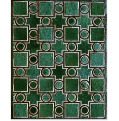 Luxury designer rug with green squares, circles, and stars in a metallic grid pattern.
