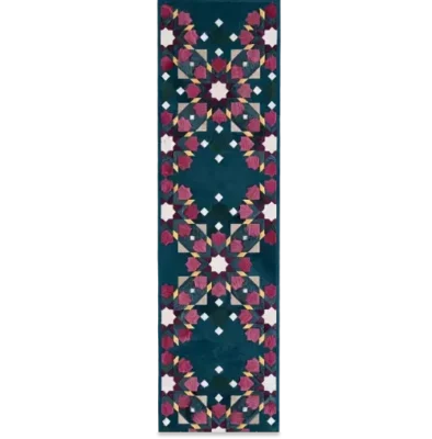 Kasbah Hide 15910 luxury designer rug with geometric pattern in pink, white, yellow on dark blue.