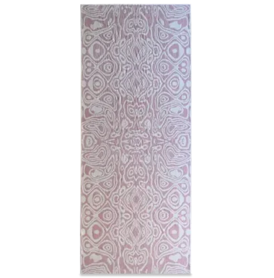 Urushi Wool 28585 luxury handmade wool rug with swirling pink and white designer pattern.