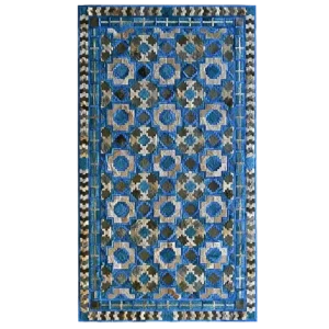 This high end designer rug showcases a blue, beige, and brown geometric floral pattern with diamond and zigzag borders.