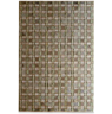 Luxury designer rug with a grid of beige and brown lines on a neutral background, crafted from premium hide.