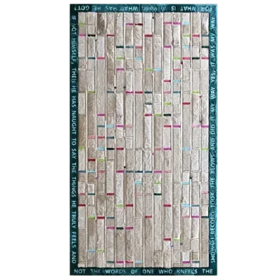 Custom Hide 15441 luxury designer rug with textured strips and quote border in high-end materials.