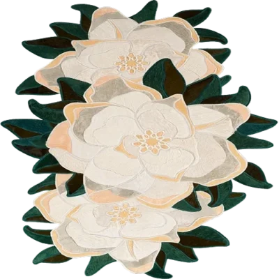 Designer rug featuring three white magnolias with peach accents on a luxury custom high end background.