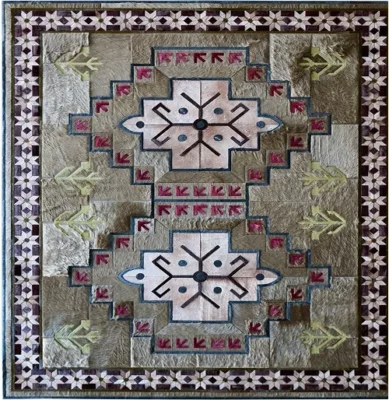 Winterlude Hide 26020 luxury designer rug with geometric motifs, leaf accents, and earth tones.