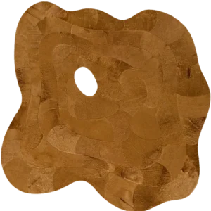 Luxury designer rug in brown with wavy edges, patchwork design, and central oval cut-out.