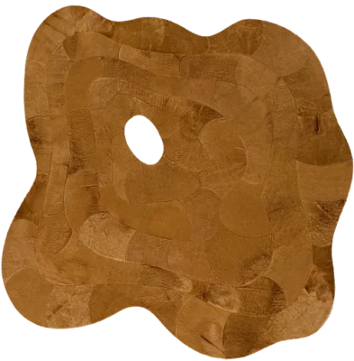 Luxury designer rug in brown with wavy edges, patchwork design, and central oval cut-out.