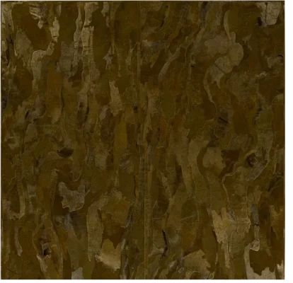 Close-up of Submerge Hide 25491, a luxury handmade designer rug with textured brown and tan organic patterns.