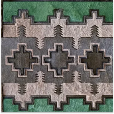 Luxury custom hide rug featuring green, gray, and beige geometric designer patterns.
