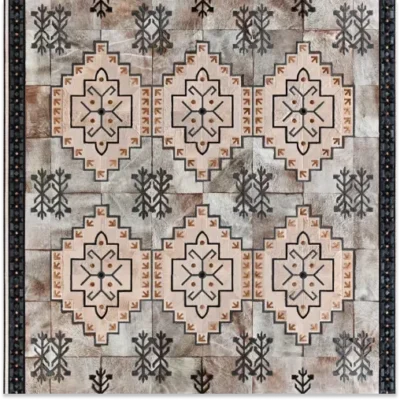 Luxury designer rug with textured background and diamond star patterns in beige, gray, and black.