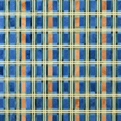Luxury designer rug with a geometric plaid pattern in blue, green, beige, and orange.