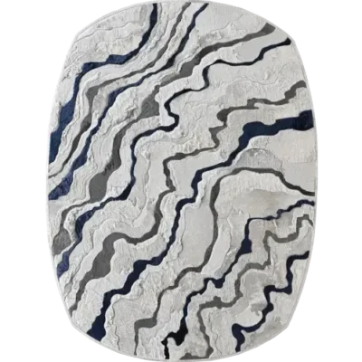 Luxury designer rug with abstract wavy black and gray lines in a textured white hide.