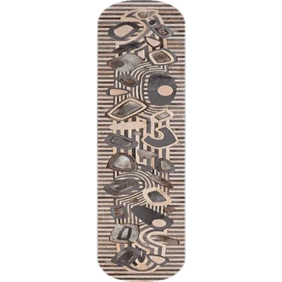 The Mika Hide 29748 luxury designer rug features abstract geometrics on an earth-toned, striped panel.