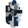 Luxury designer wool rug with geometric rectangles and circles in blue, gray, black, and white.