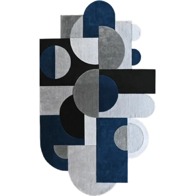 Luxury designer wool rug with geometric rectangles and circles in blue, gray, black, and white.