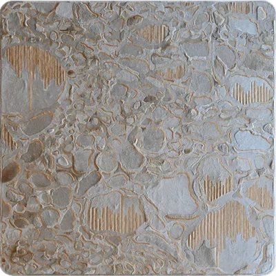 Hide 29827 luxury designer rug with silver-gold textured abstract patterns and engraved lines.
