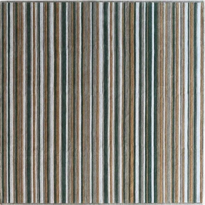 Luxury designer wool rug, handmade with vertical green, beige, brown, and white stripes on a neutral base.
