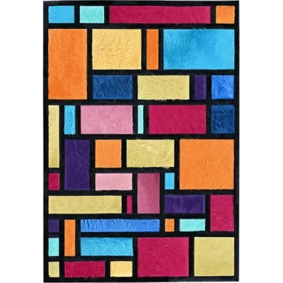 Tower Hide 15798" luxury designer rug features colorful, fur-textured geometric blocks divided by bold black lines.