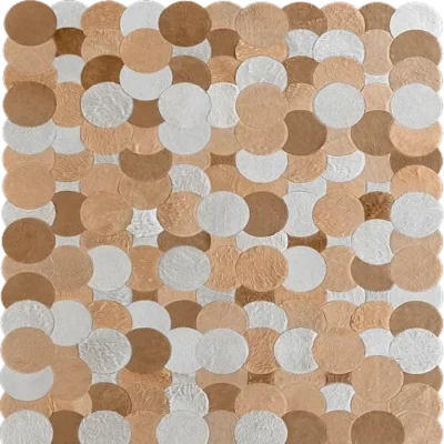 Luxury designer rug Custom Hide 29357 in beige and tan overlapping circles, showcasing high-end handmade hide rug texture.