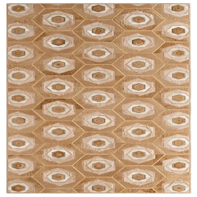 Luxury designer rug with repeating octagonal and hexagonal patterns in beige, white, and brown.