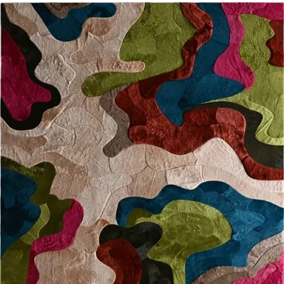 Luxury designer rug with abstract, irregular green, blue, red, and beige patches in high-end custom wool and silk.