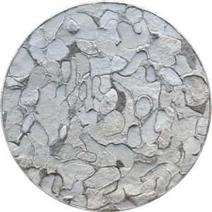 A round luxury custom rug with a cracked, mosaic silver texture like handmade hide rugs.