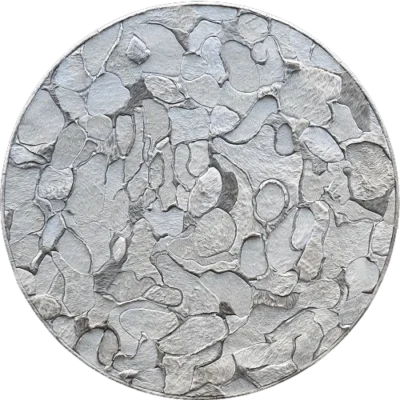 A round luxury custom rug with a cracked, mosaic silver texture like handmade hide rugs.