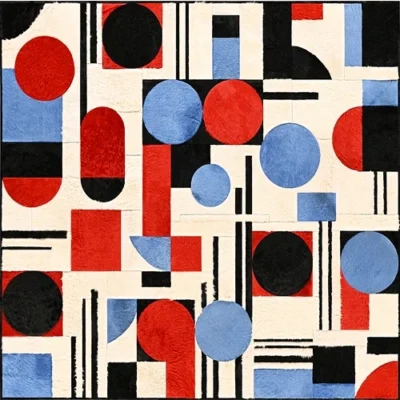 Abstract geometric pattern for luxury designer rugs with red, blue, and black shapes in a high-end custom rug grid style.