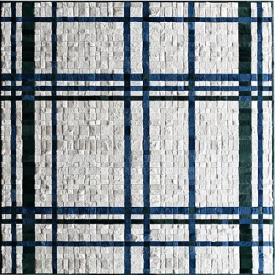 Luxury high-end designer rug with a white base and intersecting blue and green plaid lines.
