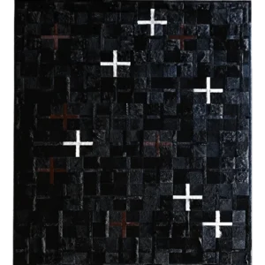 Luxury designer rug with a grid of dark squares, white plus signs, and red crosses accents.