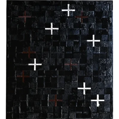 Luxury designer rug with a grid of dark squares, white plus signs, and red crosses accents.