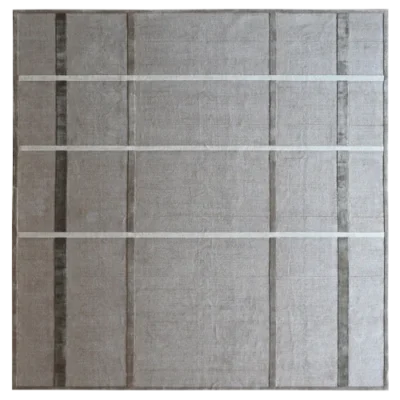 Luxury custom designer rug in light gray wool with grid pattern, handmade silk accents.