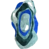 Luxury designer rug with abstract blue, green, and white concentric shapes and textured cut-out details.