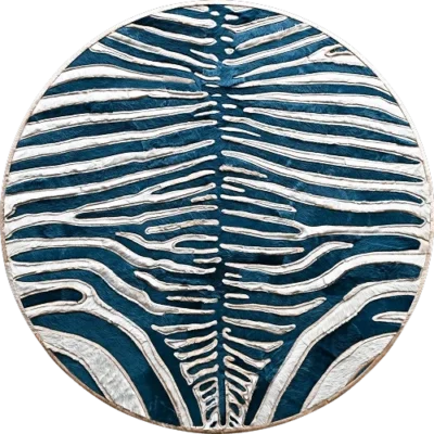 Luxury designer rug with wavy white lines on blue, inspired by stylized zebra hide.