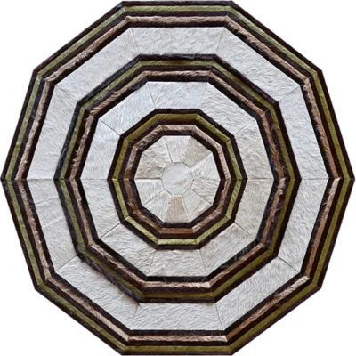 Luxury designer octagonal rug featuring concentric white, brown, and beige rings in a high-end geometric pattern.