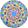 Luxury designer rug with a vibrant circular geometric pattern and blue center, inspired by handmade high quality rugs.