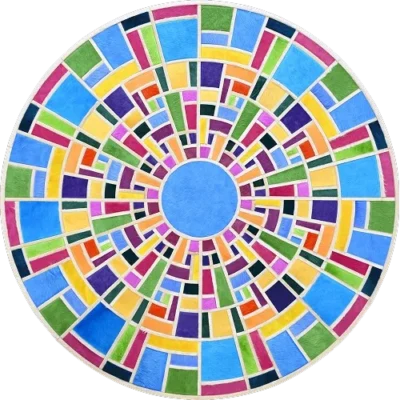 Luxury designer rug with a vibrant circular geometric pattern and blue center, inspired by handmade high quality rugs.
