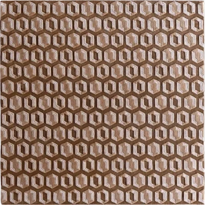 Luxury designer rug with interlocking hexagons in brown, handmade from premium silk and wool.