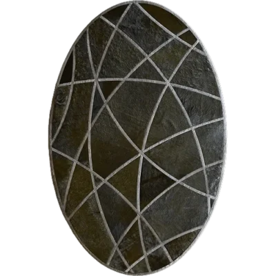 Luxury designer oval rug with dark hide, intersecting silver lines, and a high-end geometric style.