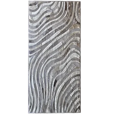 Rectangular luxury designer rug with silver waves on a textured metallic grey surface.