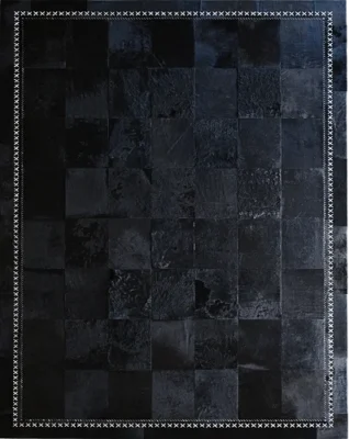 Luxury designer hide rug panel with glossy black checker design and stitched X accents.