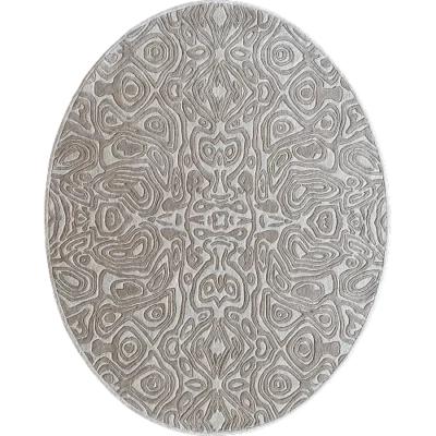 Oval high-end designer rug with beige and brown wood grain pattern, handmade wool.