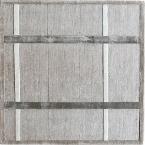 Luxury designer rug, square handmade silk-wool blend with minimalist stripes on beige.